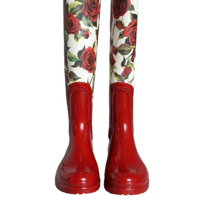 Dolce & Gabbana Red Floral Rubber Knee High Flat Boots Shoes