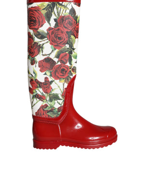Dolce & Gabbana Red Floral Rubber Knee High Flat Boots Shoes