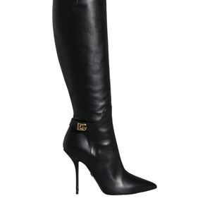 Dolce & Gabbana Black Leather Gold Tone Logo High Boots Shoes