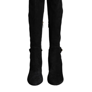 Dolce & Gabbana Black Suede Leather Logo Knee High Boots Shoes