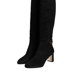 Dolce & Gabbana Black Suede Leather Logo Knee High Boots Shoes