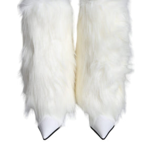 Dolce & Gabbana White Fur Leather Heels Mid Calf Boots Shoes