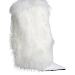 Dolce & Gabbana White Fur Leather Heels Mid Calf Boots Shoes