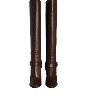 Dolce & Gabbana Brown Leather Gold Tone Logo High Boots Shoes