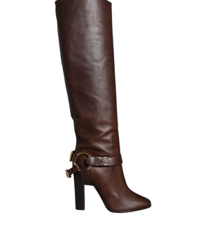 Dolce & Gabbana Brown Leather Gold Tone Logo High Boots Shoes