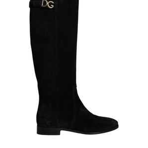 Dolce & Gabbana Black Suede Leather Knee High Boots Shoes