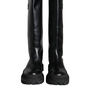 Dolce & Gabbana Black Leather Trekking Knee High Boots Shoes