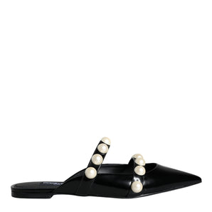 Dolce & Gabbana Black Leather Pearls Slides Sandals Shoes