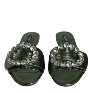 Dolce & Gabbana Metallic Green Crystal Leather Flats Sandals Shoes