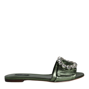 Dolce & Gabbana Metallic Green Crystal Leather Flats Sandals Shoes