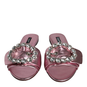 Dolce & Gabbana Metallic Pink Crystal Leather Flats Sandals Shoes