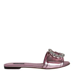 Dolce & Gabbana Metallic Pink Crystal Leather Flats Sandals Shoes