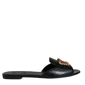 Dolce & Gabbana Black DG Amore Leather Slip On Flats Shoes