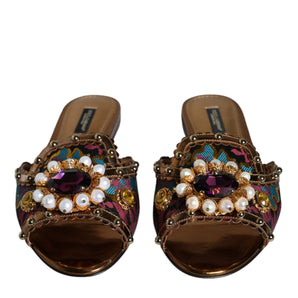 Dolce & Gabbana Multicolor Jacquard Embellished Slides Flats Shoes