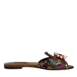 Dolce & Gabbana Multicolor Jacquard Embellished Slides Flats Shoes