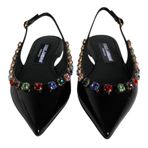 Dolce & Gabbana Black Leather Crystal Flats Slingback Shoes