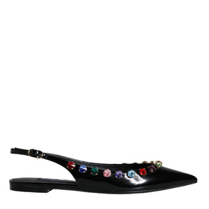 Dolce & Gabbana Black Leather Crystal Flats Slingback Shoes