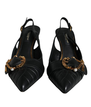 Dolce & Gabbana Black Devotion Leather Heels Slingback Shoes