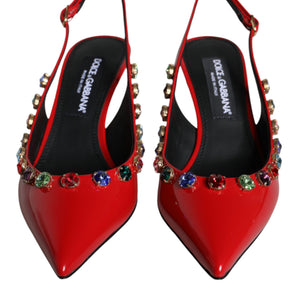 Dolce & Gabbana Red Leather Crystal Heels Slingback Shoes