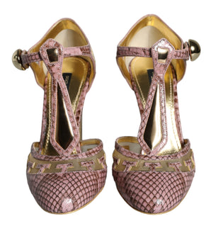 Dolce &amp; Gabbana Zapatos de salón de cuero rosa dorado con tiras en T Zapatos