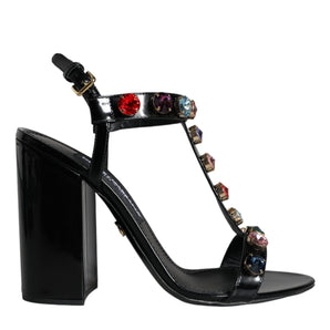 Dolce & Gabbana Black Crystal Leather T-strap Sandals Shoes