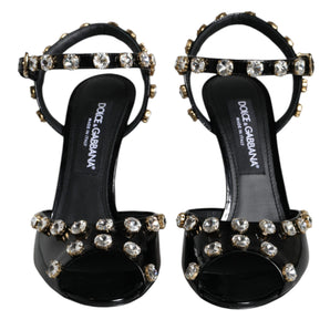 Dolce & Gabbana Black Leather Crystal Ankle Strap Sandals Shoes