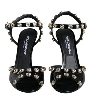 Dolce & Gabbana Black Leather Crystal Ankle Strap Sandals Shoes