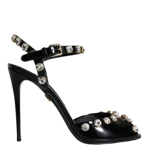 Dolce & Gabbana Black Leather Crystal Ankle Strap Sandals Shoes