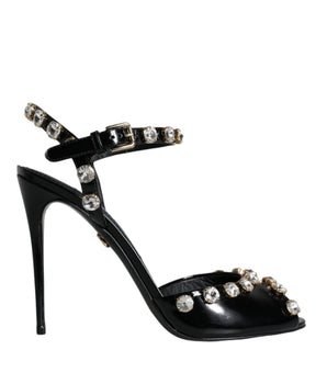 Dolce & Gabbana Black Leather Crystal Ankle Strap Sandals Shoes