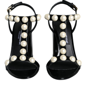 Dolce & Gabbana Black Leather Pearls T-strap Sandals Shoes