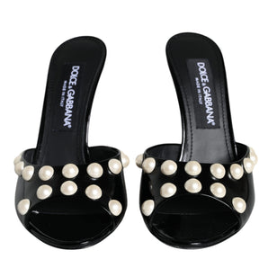 Dolce & Gabbana Black Leather Pearls Slides Sandals Shoes