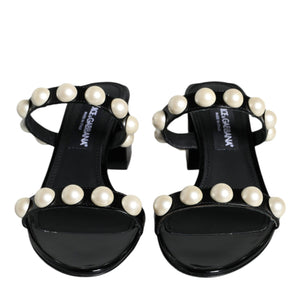 Dolce & Gabbana Black Leather Pearls Slides Sandals Shoes