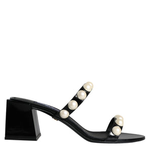 Dolce & Gabbana Black Leather Pearls Slides Sandals Shoes