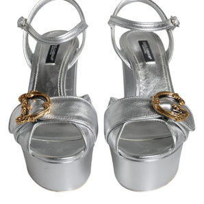 Dolce & Gabbana Silver Leather Platform Logo Keira Sandals Shoes