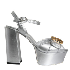 Dolce & Gabbana Silver Leather Platform Logo Keira Sandals Shoes