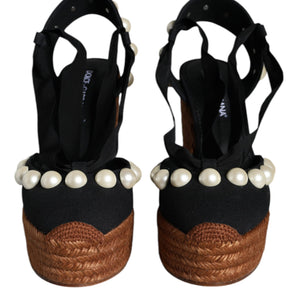 Dolce & Gabbana Black Pearl Wedge Heels Sandals Shoes