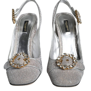 Dolce & Gabbana Silver Crystal Slingback Heels Sandals Shoes