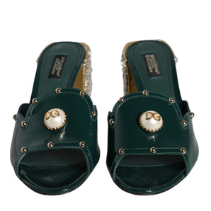 Dolce & Gabbana Green Crystal Leather Slides Sandals Shoes