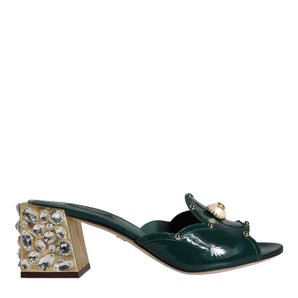 Dolce & Gabbana Green Crystal Leather Slides Sandals Shoes