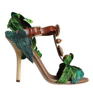 Dolce & Gabbana Emerald Embellished Leather Heels Sandals Shoes