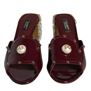 Dolce & Gabbana Maroon Crystal Leather Slides Sandals Shoes