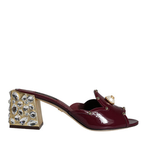 Dolce & Gabbana Maroon Crystal Leather Slides Sandals Shoes