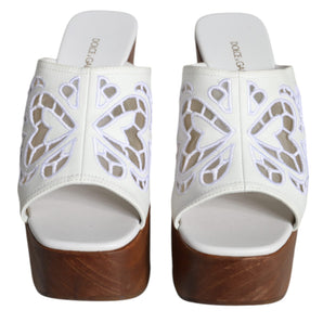 Dolce & Gabbana White Leather Wood Mules Wedge Slides Shoes