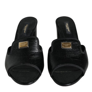 Dolce & Gabbana Black Logo Plaque Leather Heels Sandals Shoes