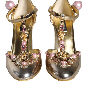 Dolce & Gabbana Gold Embellished Leather T-strap Heels Shoes