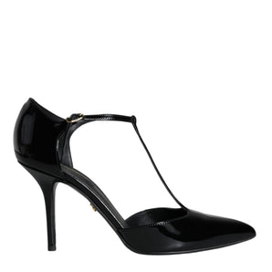 Dolce & Gabbana Black Patent Leather T-strap Heels Pumps Shoes