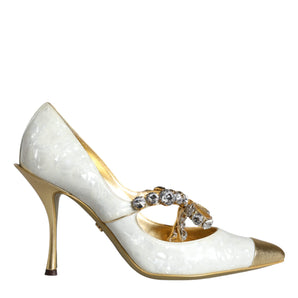 Dolce & Gabbana White Mary Jane Crystal Bow Pearl Pumps Shoes