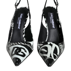 Dolce & Gabbana Black Graffiti Leather Slingback Heels Pumps Shoes