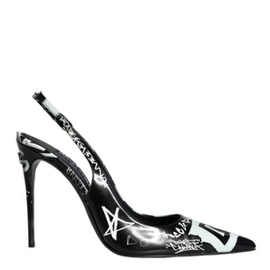 Dolce & Gabbana Black Graffiti Leather Slingback Heels Pumps Shoes