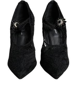 Dolce & Gabbana Black Mary Jane Pumps Lace Crystals Heels Shoes